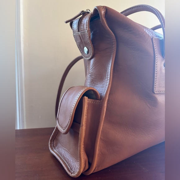 J. Crew Large Brown Leather Tote Bag Exterior Pockets Tan - Picture 4 of 14